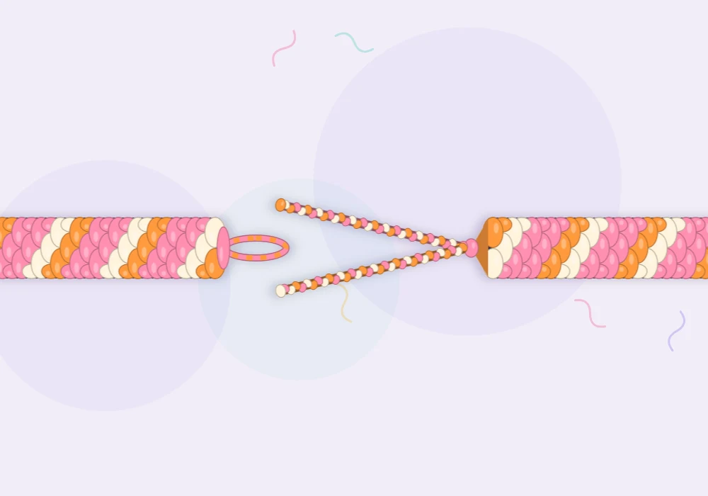 A bracelet in tangerine, rose and cream with a loop at one end and two braided ties at the other