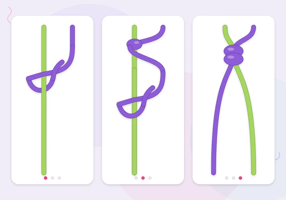 Three stages of a backward knot: a violet string forming a mirrored 4 over a lime green string, passing through, and pulled tight