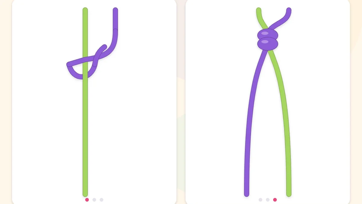 Two stages of a backward knot tied with a violet working string around a lime green holding string