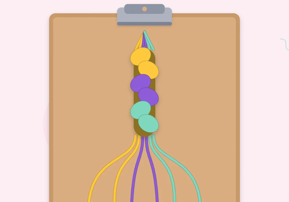 A three-strand braid in sun yellow, violet and mint held by a clipboard clip, with the unbraided bundles hanging loose below