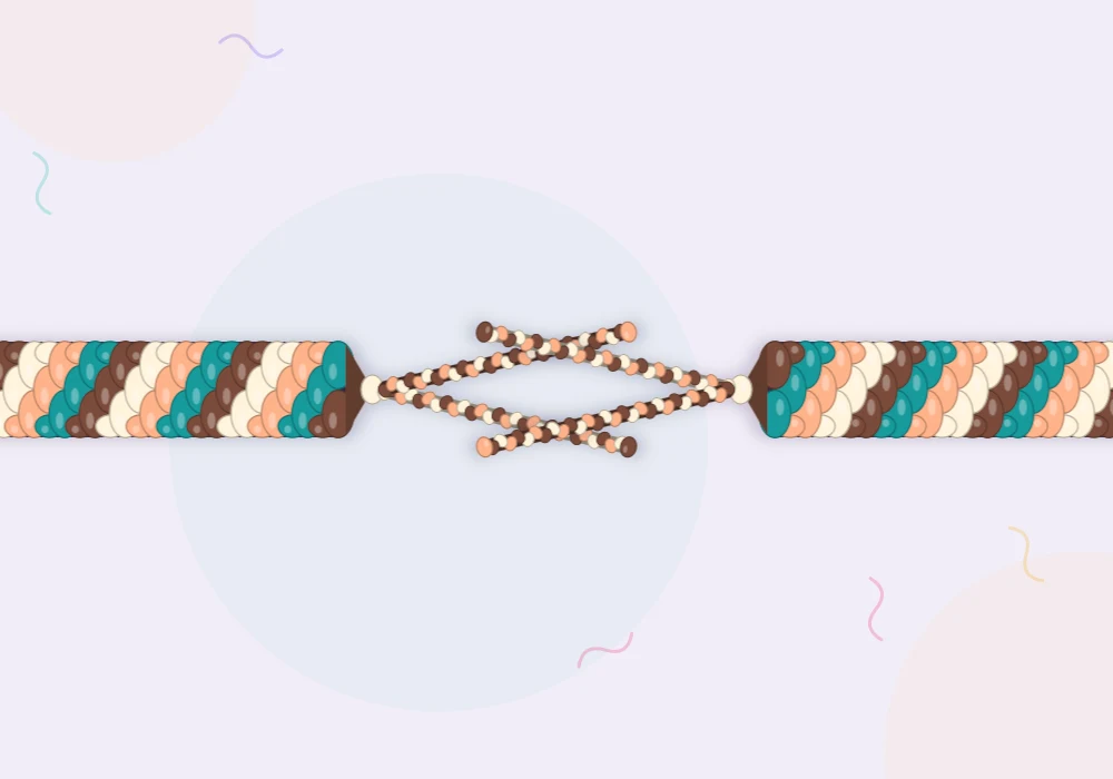 The ends of a braided bracelet in cocoa, cream, teal and peach finished with two thin braided ties