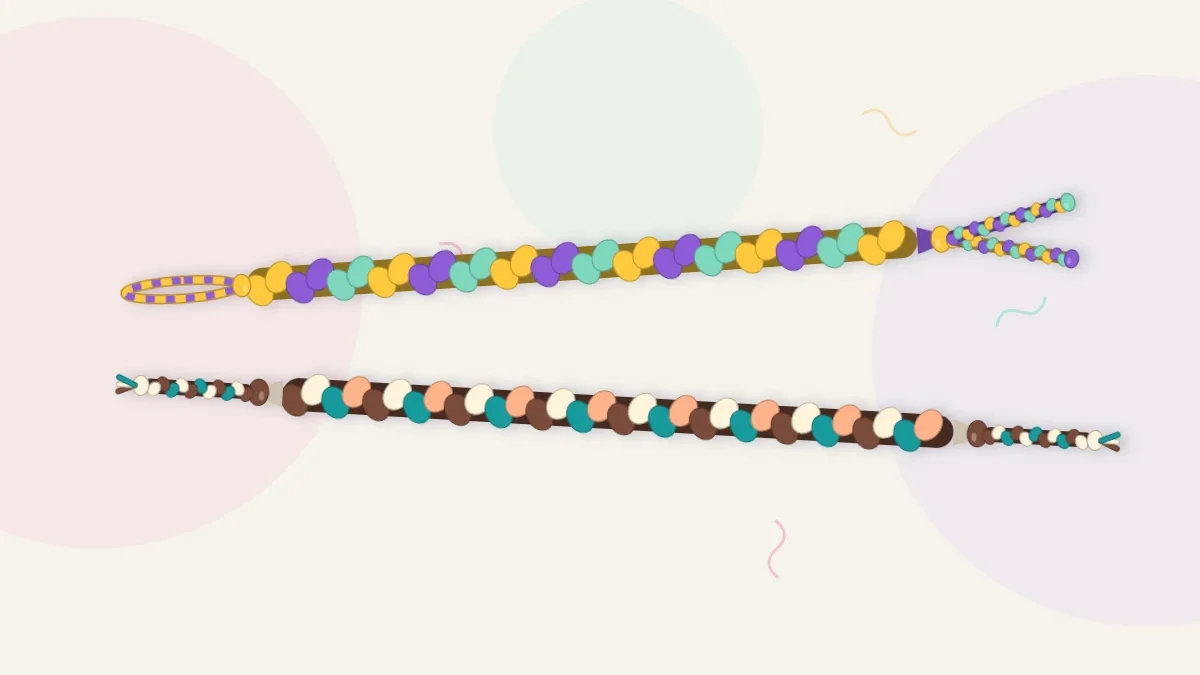 Two braided friendship bracelets stacked: a three-strand braid in sun yellow, violet and mint and a four-strand braid in cocoa, cream, teal and peach