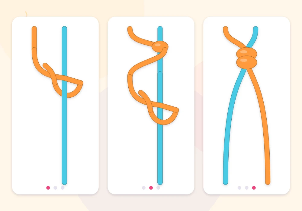 Close-up of a tangerine working string tying a forward knot around an aqua string in three stages
