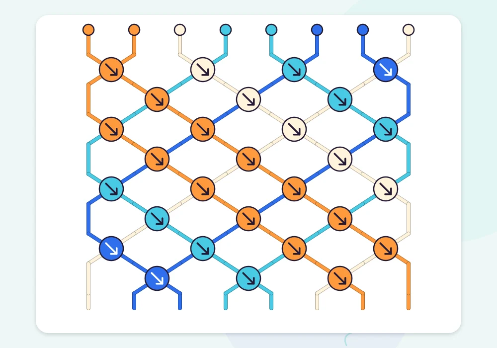 Knot chart of a candy stripe pattern with tangerine, cream, aqua and cobalt circles, every arrow pointing down and to the right