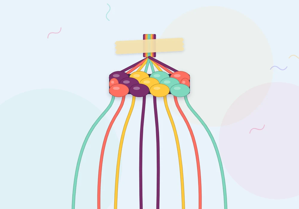 Eight floss strings taped down and fanned out in mirrored order: plum, coral, yellow, mint, mint, yellow, coral, plum
