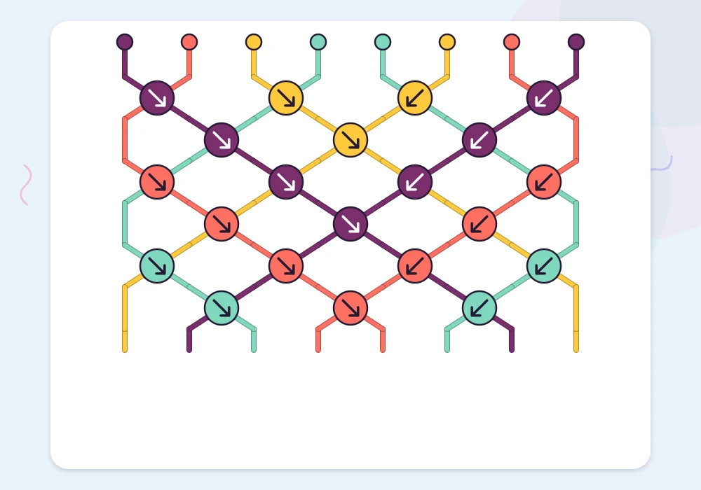 Knot chart of a chevron pattern with plum, coral, yellow and mint knots forming V-shaped rows that meet in the center