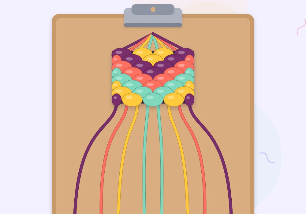 Chevron bracelet in progress on a clipboard with eight rows of plum, coral, yellow and mint V shapes and loose strings below