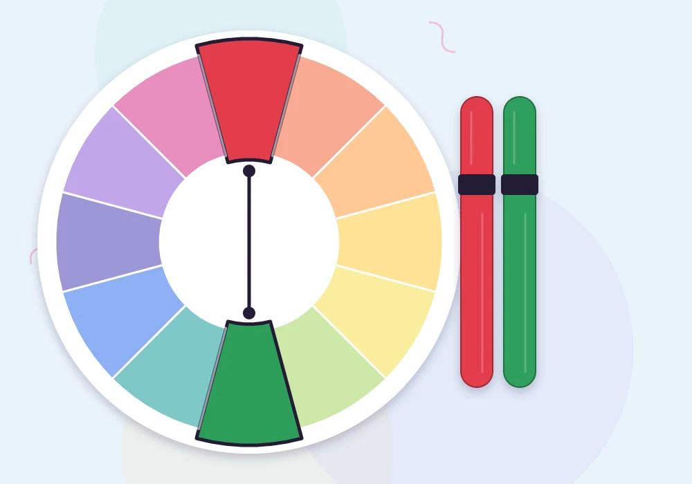 A color wheel with two opposite colors marked as a complementary pair, with matching floss strands beside it