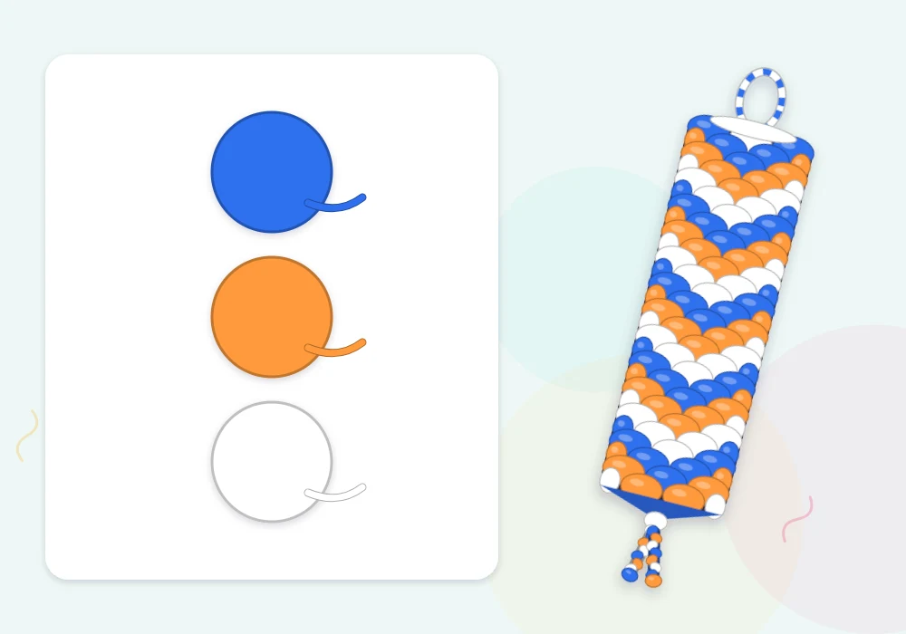 Color swatches in cobalt blue, tangerine orange and white beside a small chevron bracelet knotted in those three colors