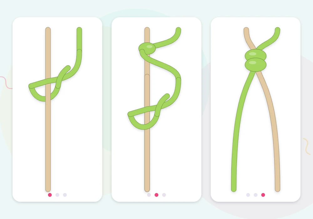Close-up of a lime working string tying a backward knot around a sand string in three stages