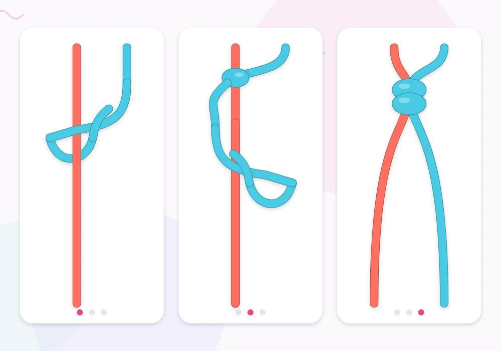 Close-up of an aqua string tying a backward-forward knot around a coral string in three stages