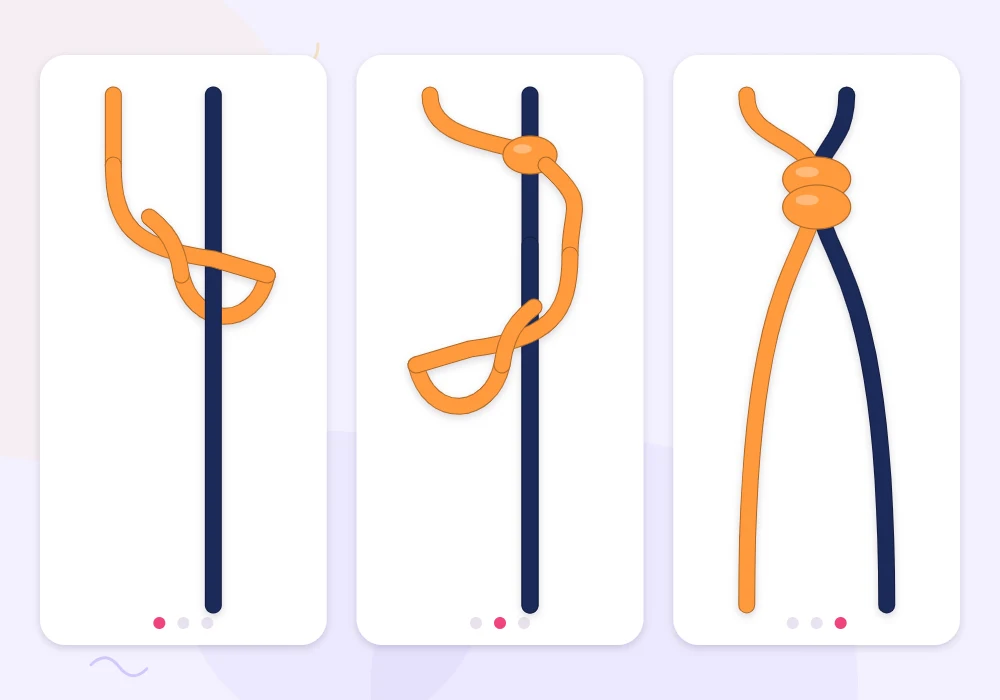 Three stages of a forward-backward knot: a tangerine string wraps a navy string to the right, wraps again to the left, and ends on the left