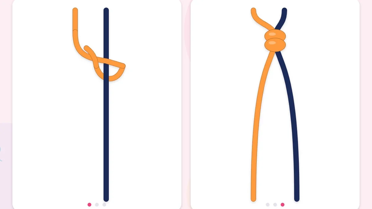Two stages of a forward-backward knot tied with a tangerine working string around a navy holding string