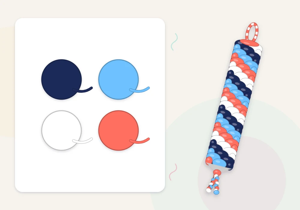 Four color swatches in navy, sky blue, white and coral beside a small candy stripe bracelet in the same colors