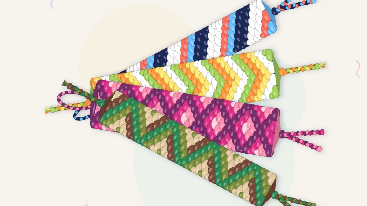 Four finished friendship bracelets fanned out in different color palettes: blue and coral, citrus, berry pinks and earthy greens