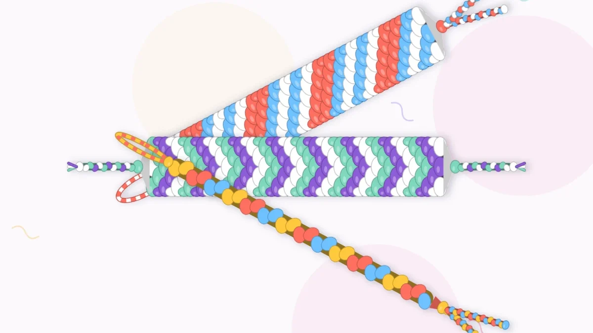 Three finished friendship bracelets fanned out: a coral and sky blue candy stripe, a mint and violet chevron and a simple three-color braid