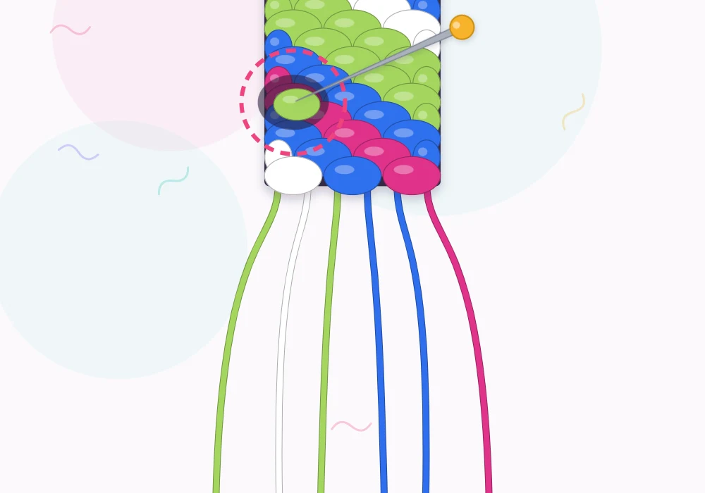 A candy stripe bracelet in lime, white, cobalt and magenta with a loose knot circled