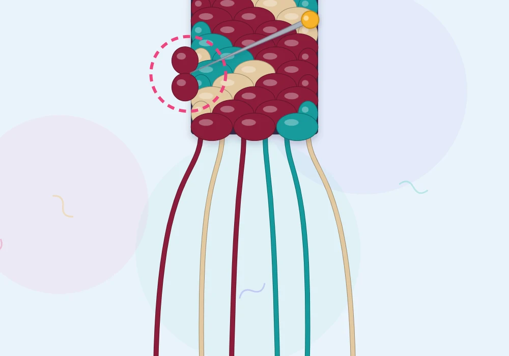 A zigzag bracelet in burgundy, sand and teal with an uneven edge circled