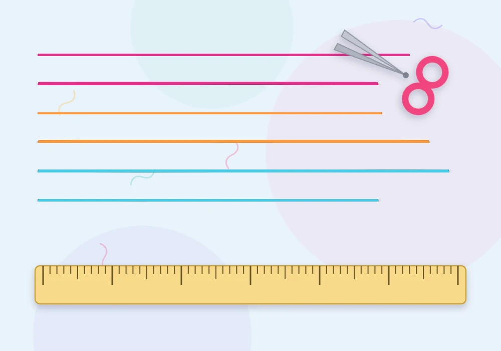 Six strands of floss in magenta, tangerine and aqua laid straight beside a ruler with scissors