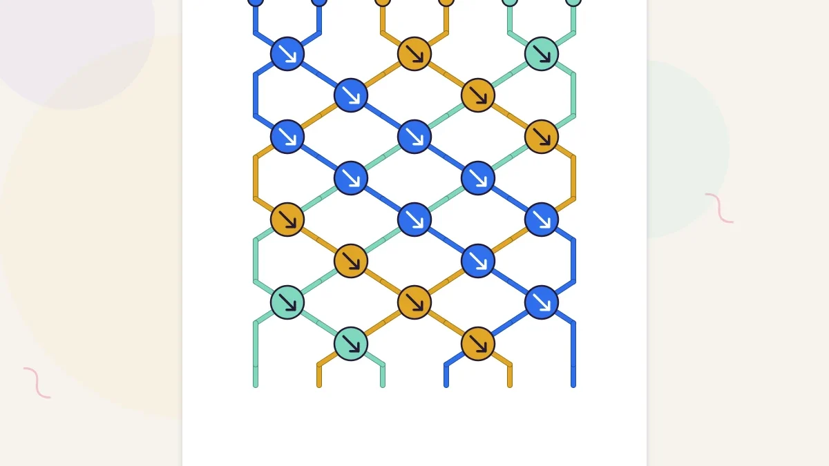 Knot chart of a candy stripe pattern in cobalt blue, gold and mint with an arrow in each knot circle