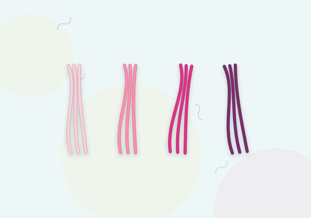 Four loose strands of embroidery floss laid side by side, shading from blush pink through rose and magenta to plum