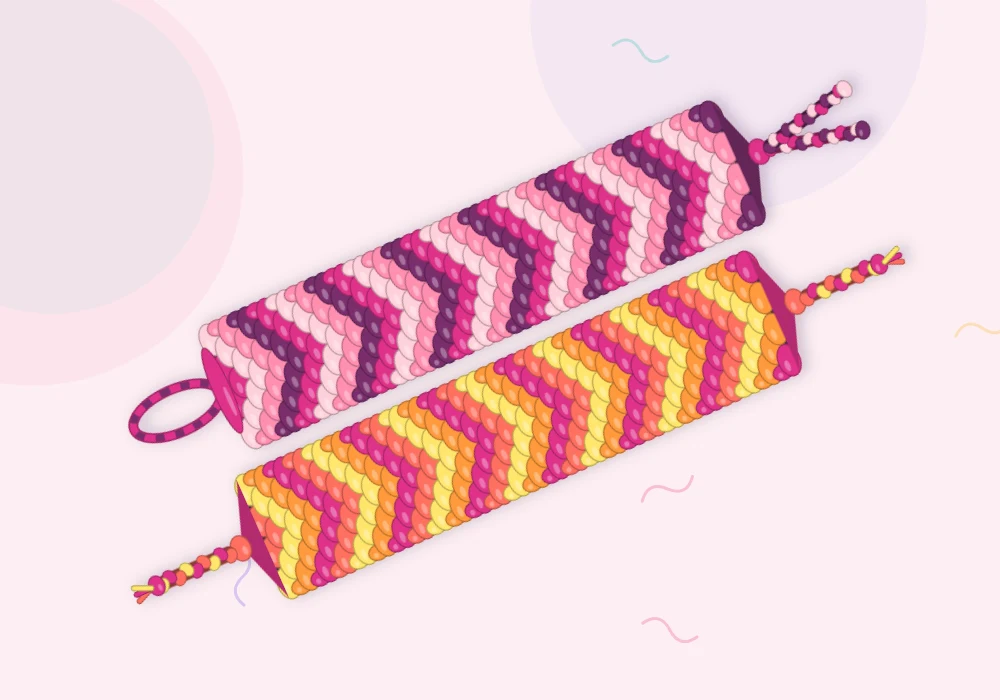 Two finished ombre chevron bracelets side by side, one fading from blush to plum and one from lemon through tangerine to magenta