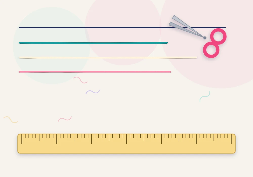Navy, teal, cream and rose strings laid beside a ruler with a pair of scissors, the working strings much longer than the navy base strings