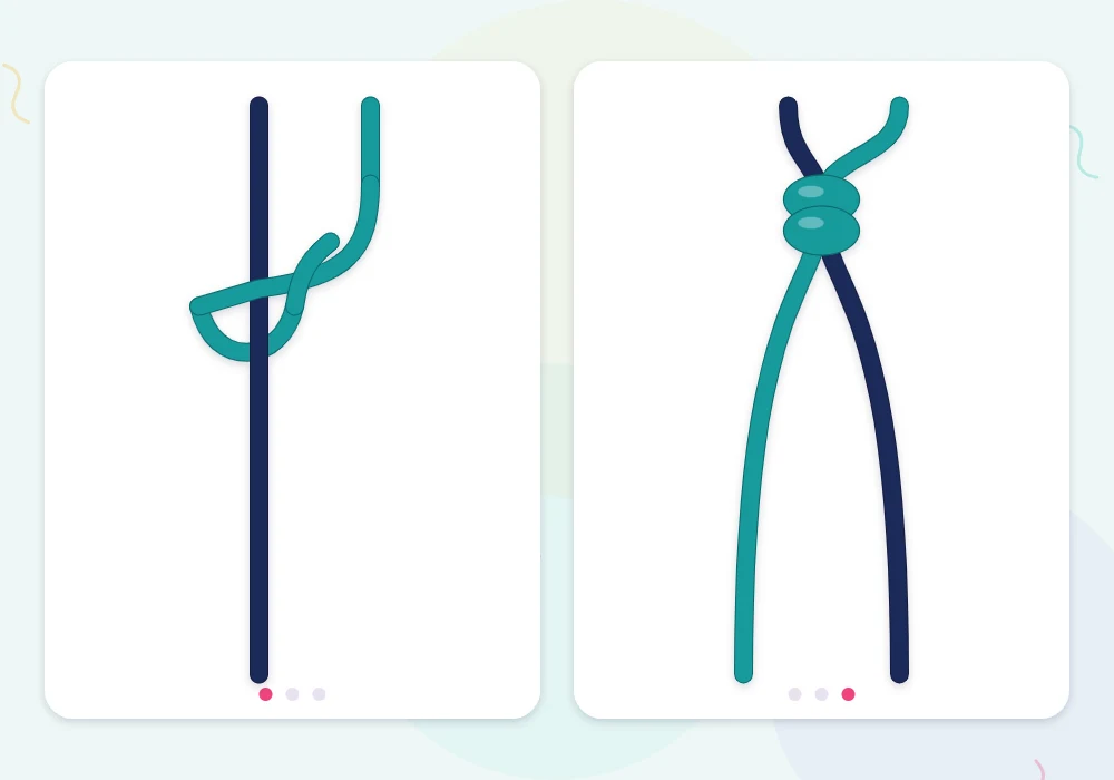 Two stages of a backward knot with a teal working string looping around a navy base string from the right