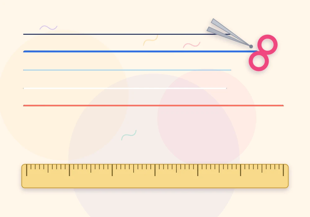 Five floss strings in navy, cobalt, sky blue, white and coral laid beside a ruler with a pair of scissors