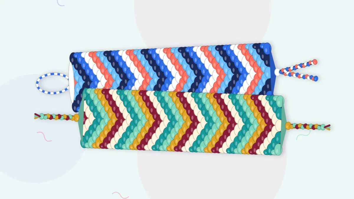 Two wide chevron friendship bracelets stacked, one in navy, cobalt, sky blue, white and coral and one in teal, mint, cream, gold and burgundy
