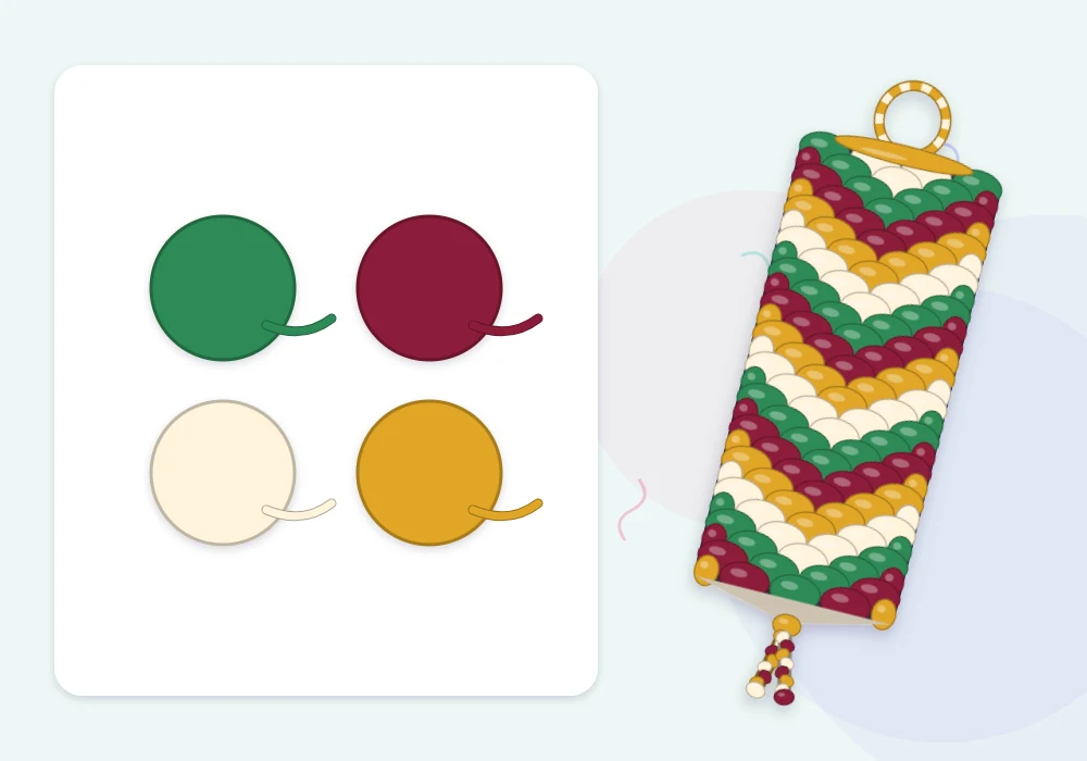 Color swatches in forest green, burgundy, cream and gold beside a small chevron bracelet in the same colors