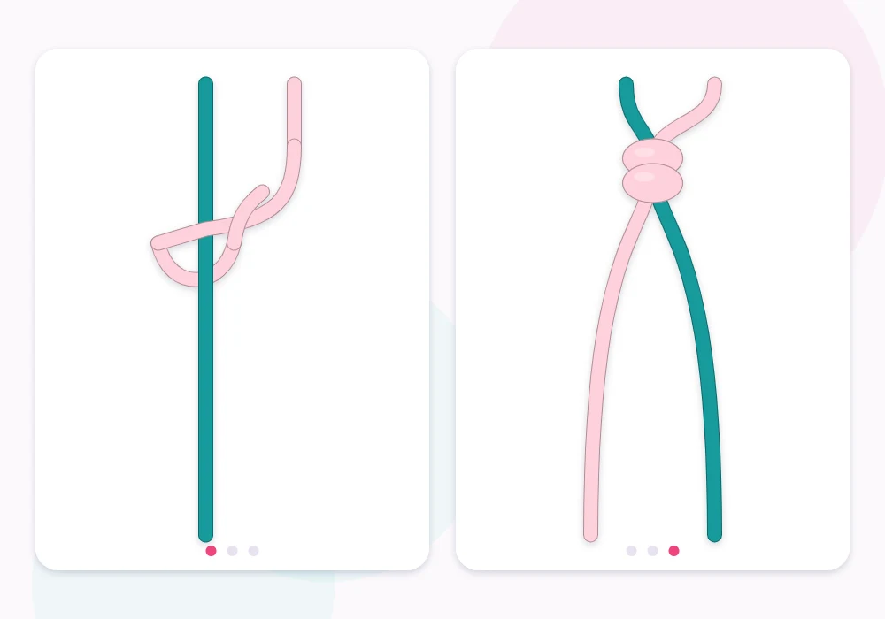 Close-up of a blush working string tying a backward knot around a teal string in two stages