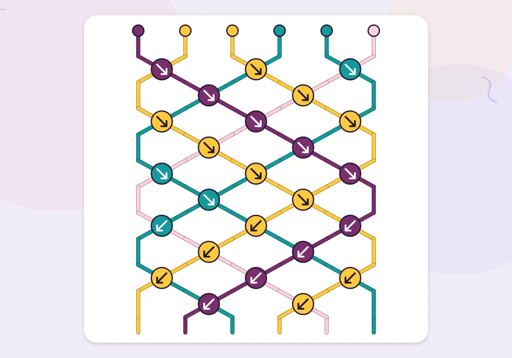 Knot chart of a zigzag pattern in plum, sun, teal and blush, with arrows pointing down-right in some rows and down-left in others